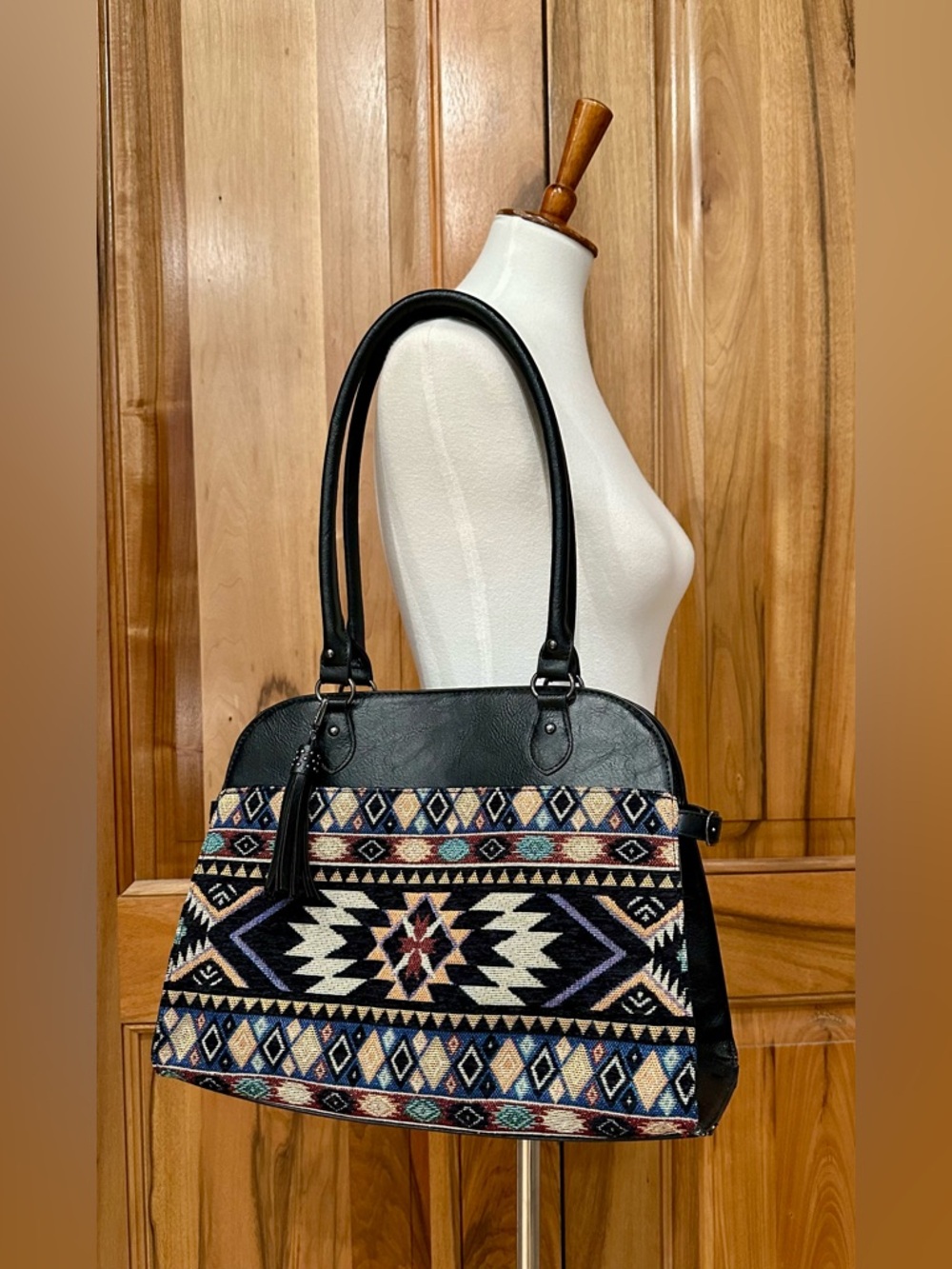 Petit-Point/Tapestry & Vegan Leather Shoulder Bag w/ Studded Tassel Accent EUC
